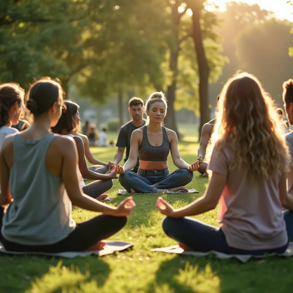 Group meditation session in a serene park