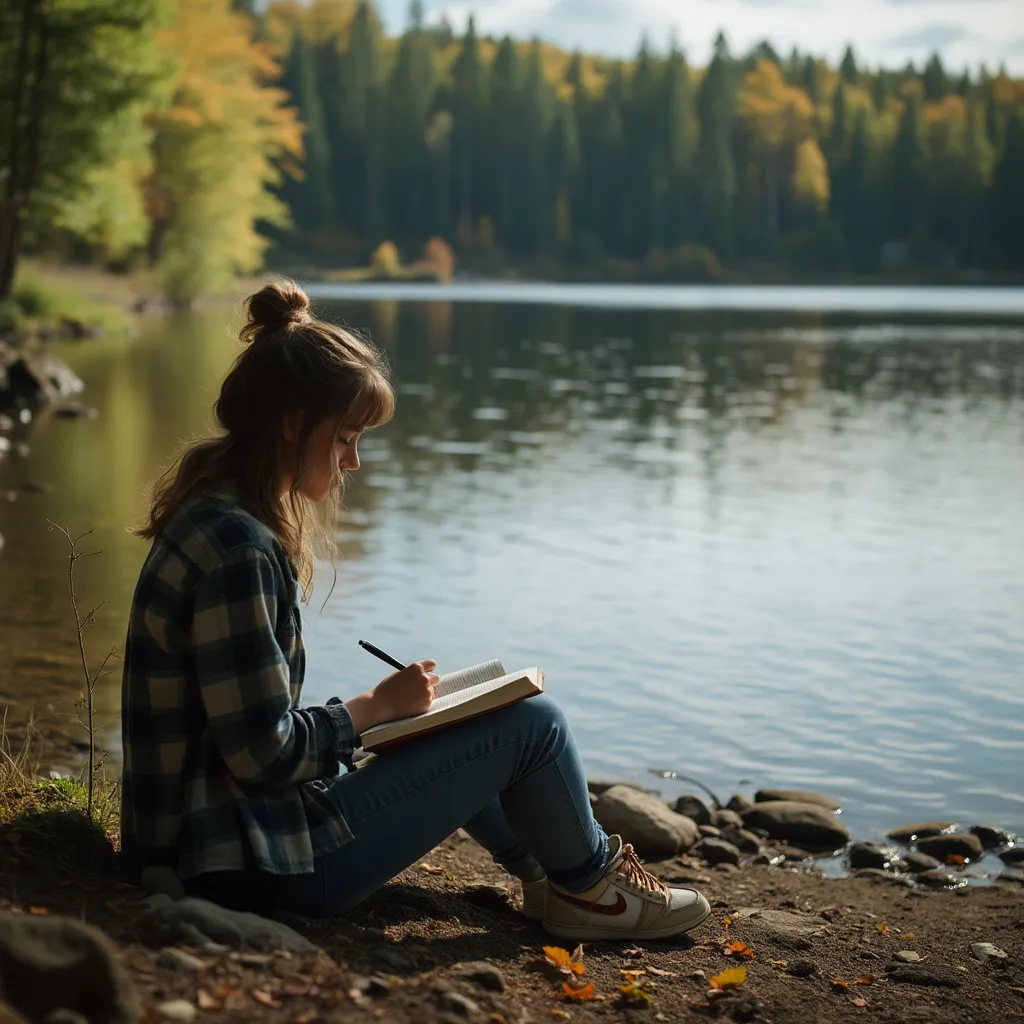 Individual journaling thoughtfully by a tranquil lake